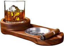 Classic Wooden Cigar Ashtray Coaster and Holder, Whiskey Glass Tray with Ciga...