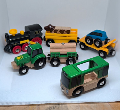 BRIO Lok Traktor Bus Auto Anhänger mit Kuh HOLZ Fahrzeuge Konvolut
