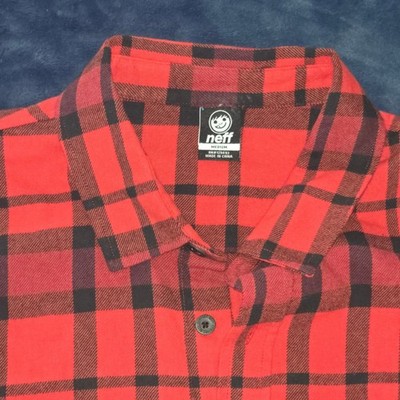 Neff Shred Flannel Shirt Mens Medium Red Black Buffalo Plaid Button Down NWT