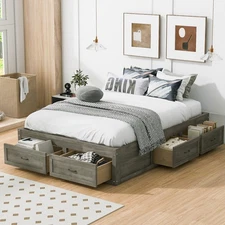 Full Size Platform Bed with 6 Storage Drawers, Antique Gray