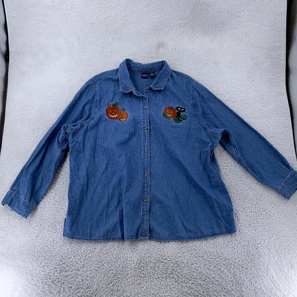 Halloween Pumpkin Cat Denim Shirt Womens 2X Button Up Long Sleeve Embroidered - Image 2 of 4