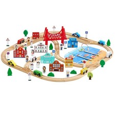 113PCS Wooden Train Set, for Kids Ages 3-8, Wood Train Track Toy with Storage