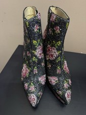 Betsey Johnson Black Pink Floral Rhinestone Ankle Bootie Pointed Toe