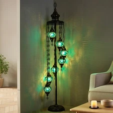Turkish Mosaic Floor Lamp 7 Globes – 63” Tall Handmade Lamp with Bulbs Included