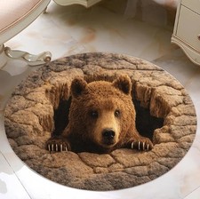 3D Bear Rug Realistic Cave Illusion Carpet, Brown Gray Stone Design, Forest Wild