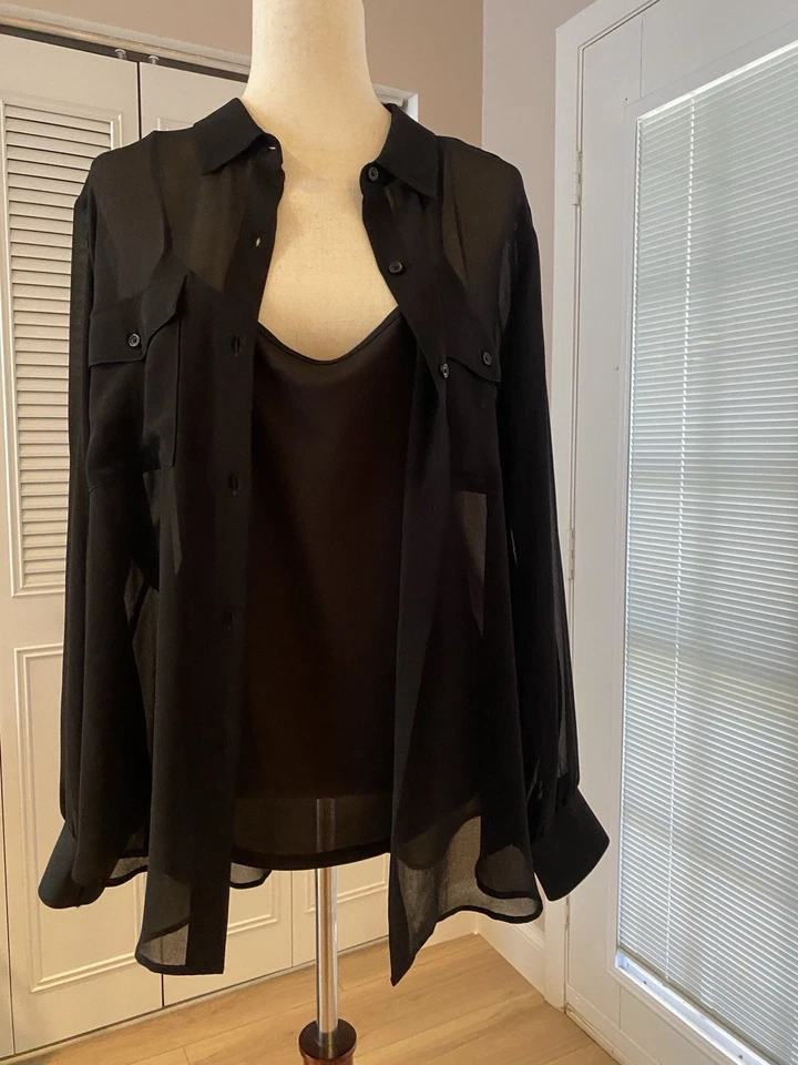 DKNY Women’s Sheer Black w/ Camisole Button Up Blouse Size XL New without Tag - Image 2 of 4