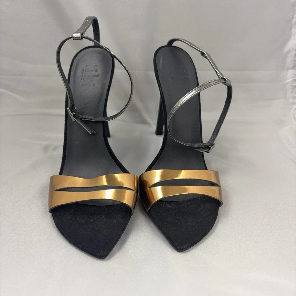 Tibi 绑带高跟鞋女式 39 1/2 码黑色金色金属露趾高跟鞋 — 第 3/4 张图片