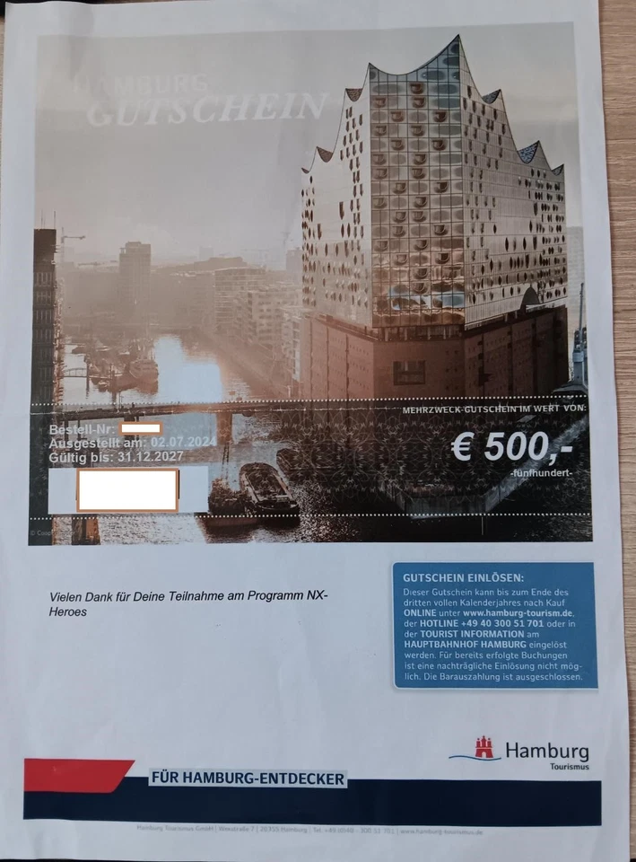 Gutschein von Hamburg Touristik im Wert von 500 Euro gültig bis 31.Dezember 2027 - Bild 1 von 1