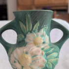 Roseville 168-6 Art Pottery Floral Double Handle Vase Green/White Signed