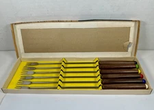 Vintage Fondue Forks 6 pc Set Stainless Steel Wood Color Coded Handles Orig Box