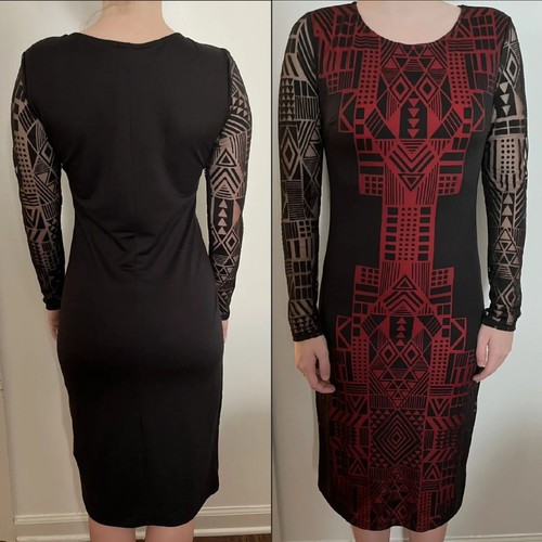 Nicole Miller rot & schwarz durchsichtig Langarm Art Deco Design Midi Kleid ~ M M3020 - Bild 10 von 19