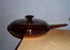 VTG PYREX CORNING VISION FRANCE 10.75" AMBER WAFFLE BOTTOM SKILLET FRY PAN & LID