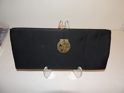 Vintage Black Satin After 5 Evening Bag, Goldtone Jeweled Clasp & Chain