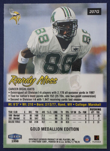 1998 Ultra Gold Medallion #207G Randy Moss NMMT+ - Picture 2 of 2