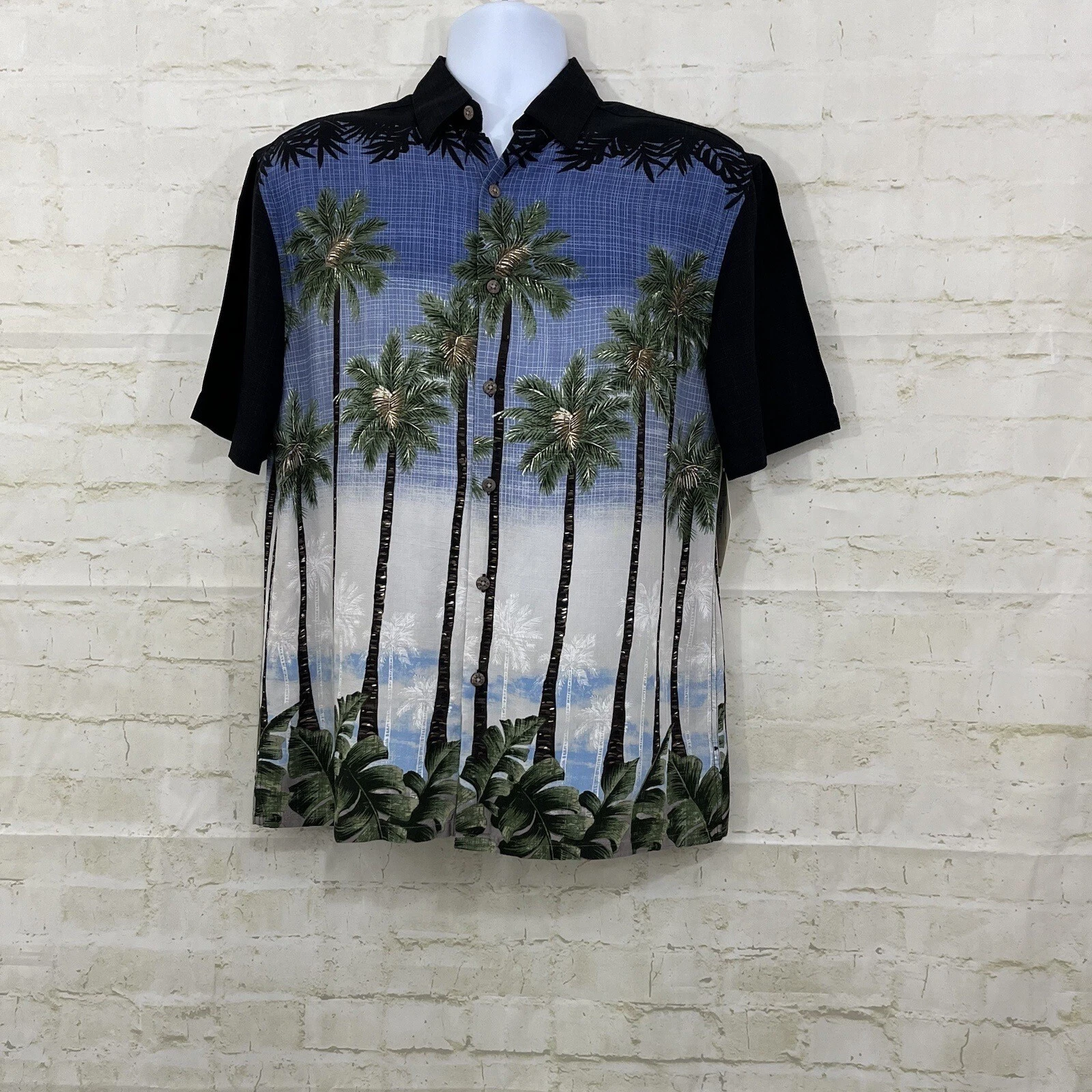 Island Shores Shirt Mens Size Small Blue Palm Tree Button Tropical Short Sleeve