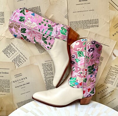 Free People MOMO Selina Embroidery Western Boot Floral Silk Ivory 39/9 NEW