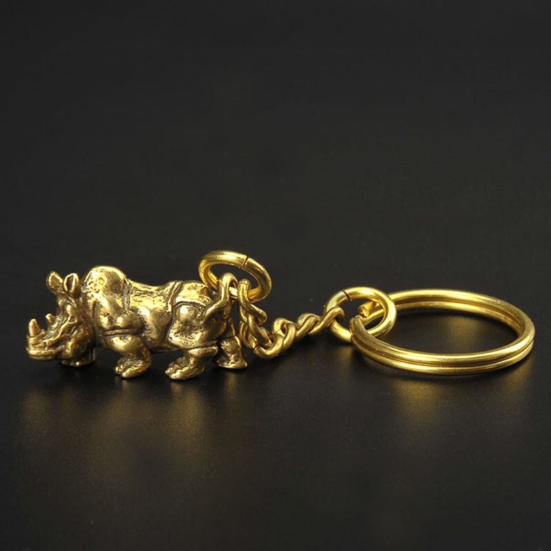Pure Brass Rhino Keychain Pendant Rhinoceros Key Ring Hanging Ornament Miniature
