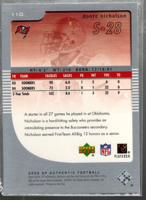 A2829- 2005 SP Authentic Rookie Gold 100 #110 Donte Nicholson /100 - Image 2 of 2