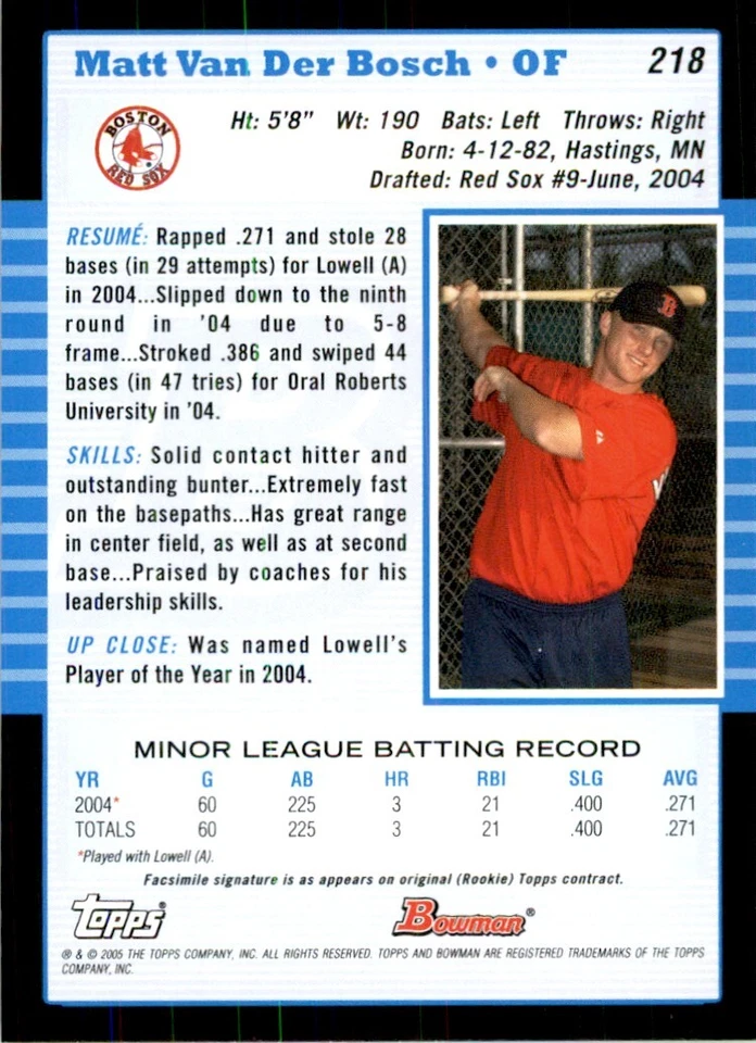 2005 BOWMAN MATT VAN DER BOSCH BOSTON RED SOX #218 - Image 2 of 2