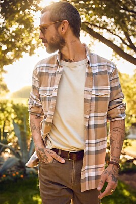 New! Snaps Clothing Heritage Flannel Fawn Plaid Pearl Snap Long Sleeve Shirt; XX
