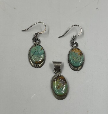 Native American 925 Sterling Silver Inlay Earrings Pendant Set Navajo Zuni NS