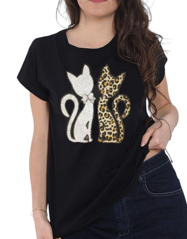 T-Shirt Femme 'Donna Gatti' - Motif Chats Silhouettes - 100% Coton - Col Rond - Manches Courtes