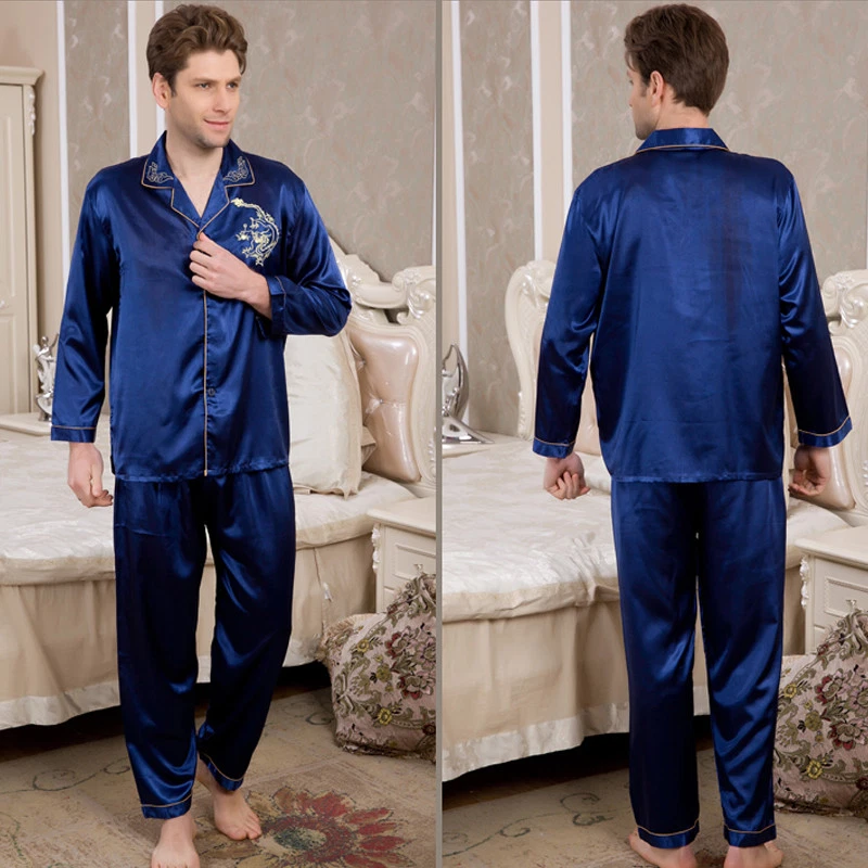 NUEVO CON ETIQUETAS 2 PIEZAS Pijamas de satén de seda para hombre Prendas para dormir Pijamas PJS Manga larga M016 M L Foto 4 de 4