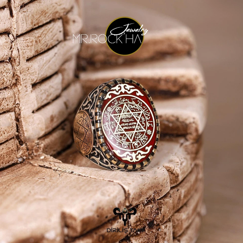 Seal of King Solomon,Red Enamel,Engraving Design,925 Sterling Silver Men's Ring - Image 3 of 4
