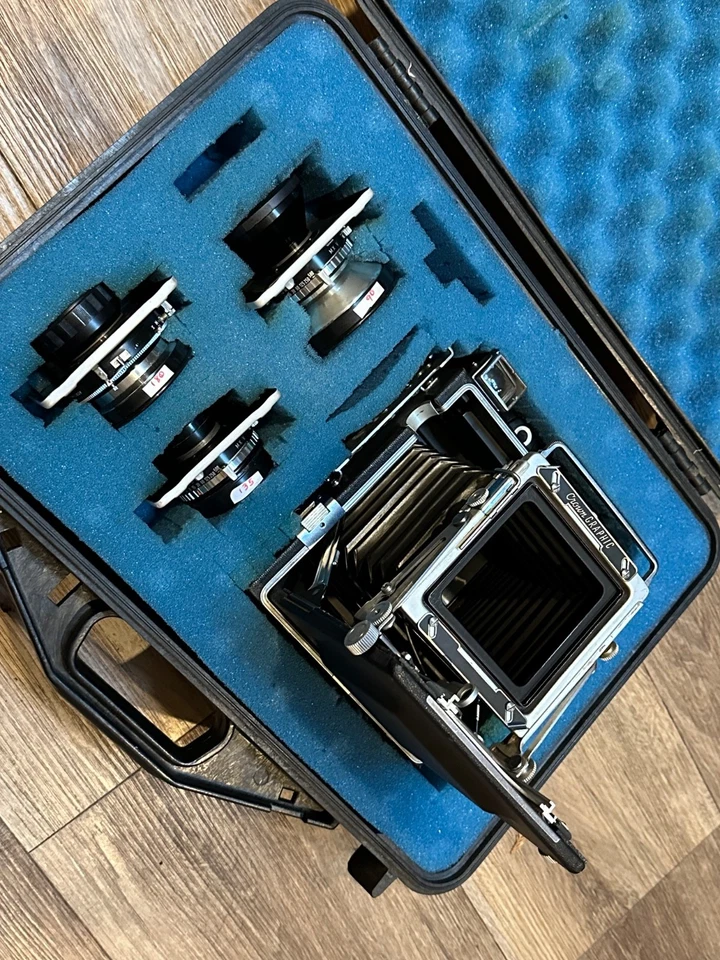 Cámara gráfica Corona 4X5, 3 lentes Schneider-Kreuznach, estuche Pelican-excelente Foto 3 de 4