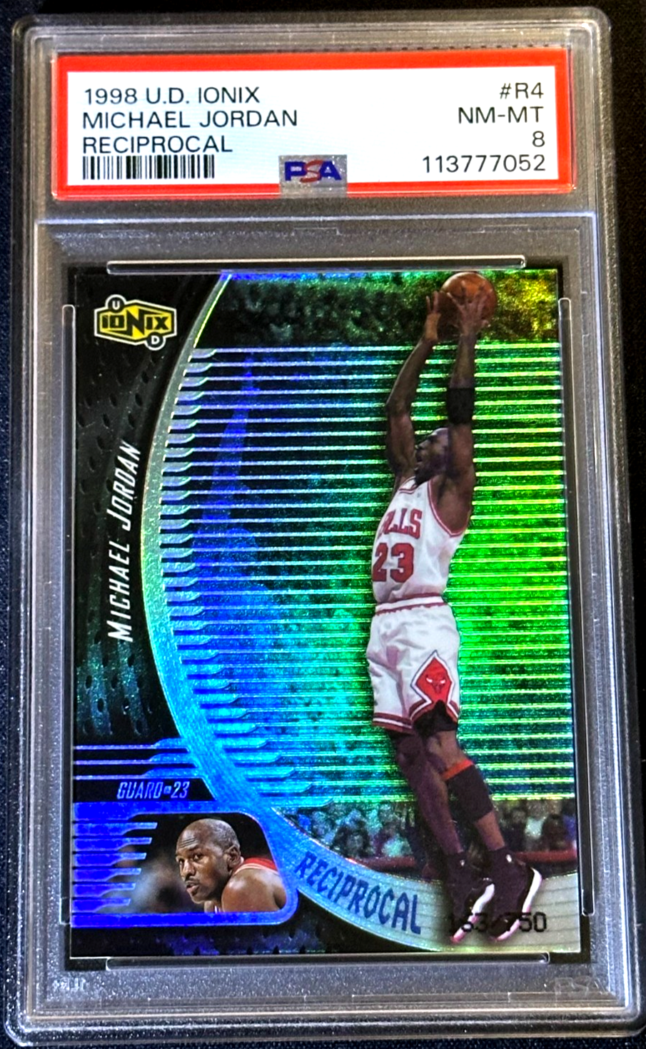 1998 UPPER DECK IONIX RECIPROCAL #R4 MICHAEL JORDAN BULLS HOF #/750 PSA 8