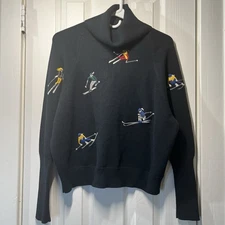 Alp N Rock Gray Sweater, Cozy Mock Neck, Embroidered Skiers, Small