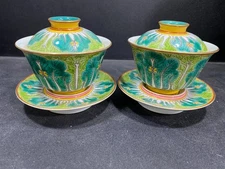 Yongzheng Marked Colour Enamel Porcelain Gild Cabbage Tea Cup Covered Bowl Pair