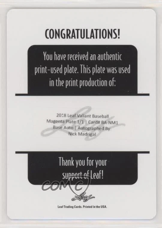 2018 Leaf Valiant Printing Plate Magenta 1/1 Nick Madrigal #BA-NM1 Auto uk2 - Image 2 of 3