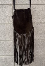 Vintage Dark Brown Suede Fringe Festival Boho Hippie Bag Drawstring Crossbody