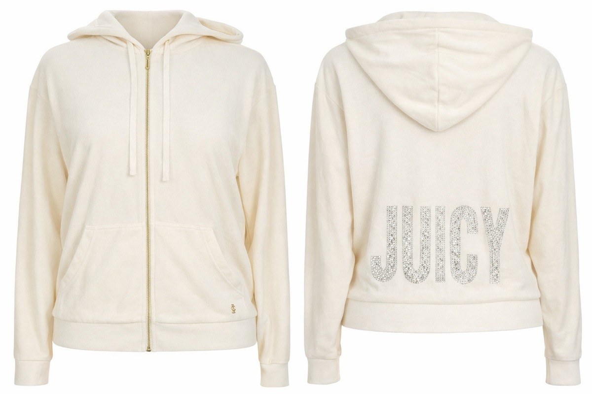 Vintage Juicy Couture Y2K Velour Zip Hoodie Cream Silver
