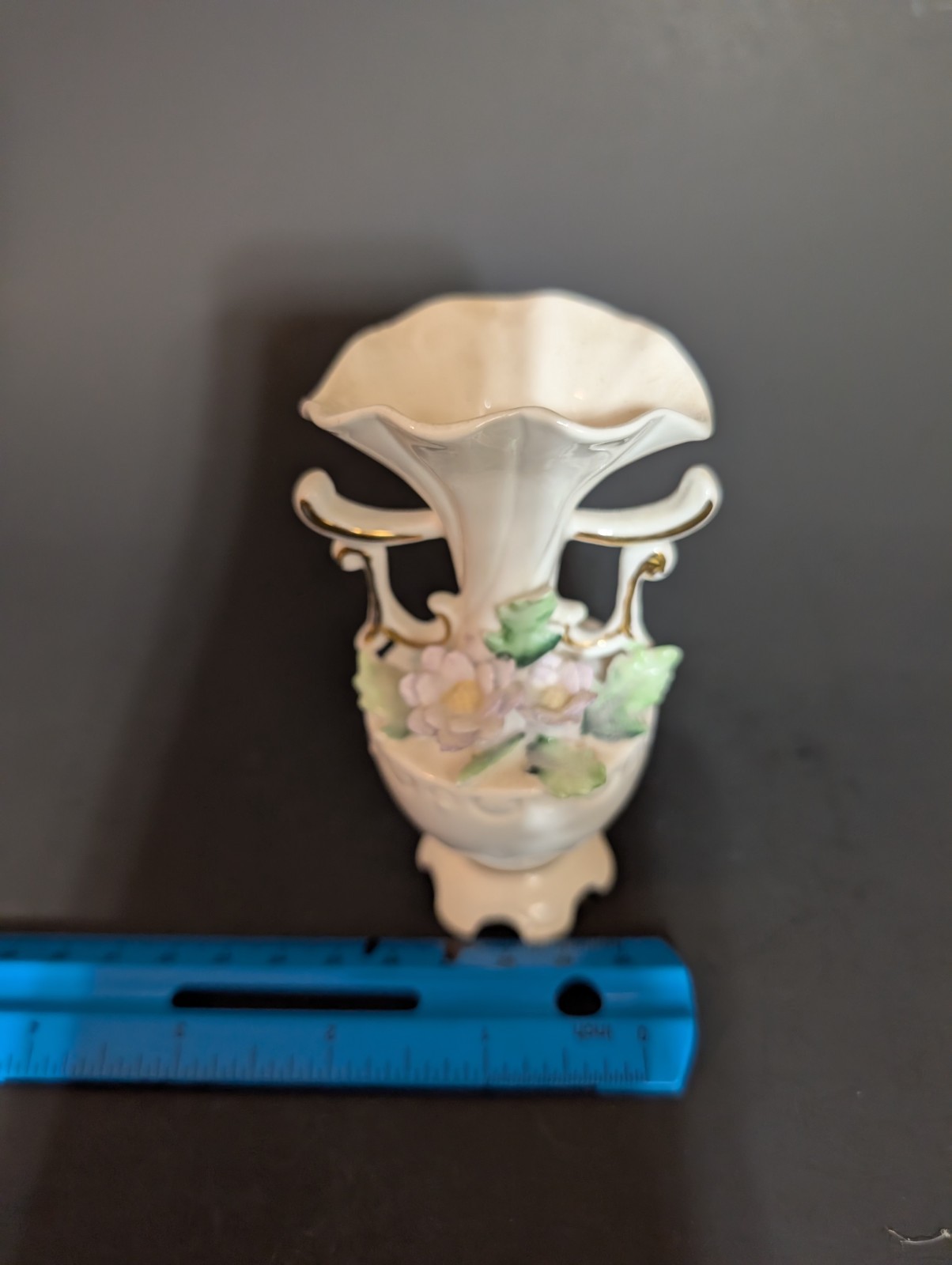 vintage Japanese bone china bud vase, glossy floral pattern, white green pink