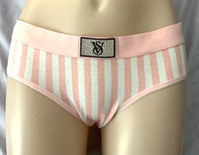 Victoria's Secret Logo Cotton Pink Stripe Shine Patch Hiphugger Panty M CD233