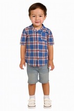 Boys Plaid Linen Cotton Shirt  Stretch Adjustable Denim Shorts Set Size 5