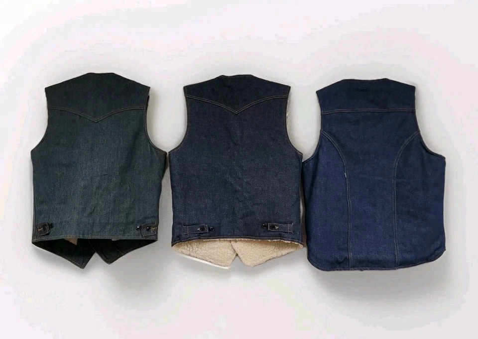 LOT OF 6 VINTAGE DENIM VESTS SHERPA QUILT LINED WESTERN LEE STORMRIDER WRANGLER - Image 3 of 4