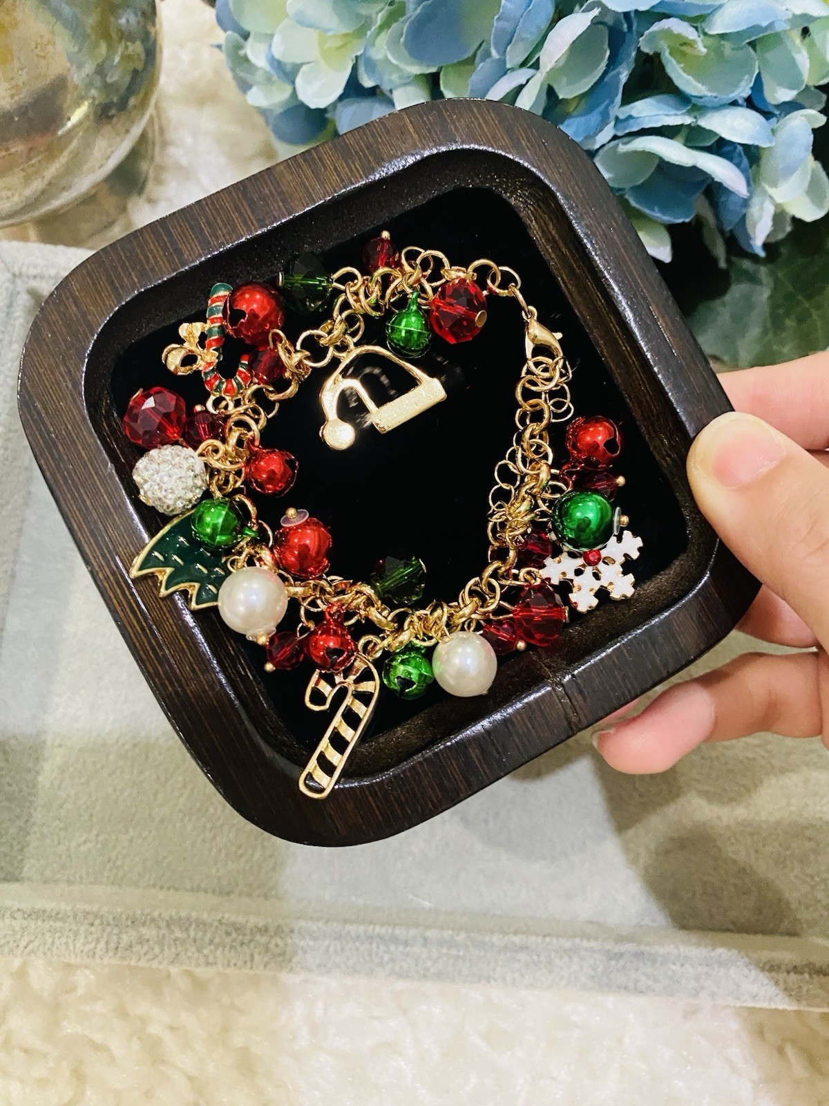 Christmas Charm Bracelet Red Green Gold Jingle Bells Holiday Jewelry