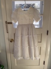 White Satin Organza Girls' Dress First Communion Flower Girl Short Puff Sleeves