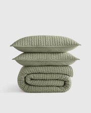 New Quince European Linen Cotton Stitch Quilt Set 3pc Shams Willowleaf Queen