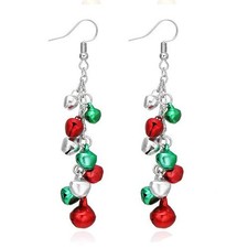 Christmas Theme Dangle Drop Earrings Enamel Silver Bell 2.5 in Red Holiday E135