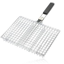 BBQ Deep Grill Basket Cage with Handle Griddle Steel Lid Fish Chicken Grilling