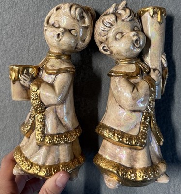 PAULINE B Signed 1975 Ceramic Hand Painted Choir Boy Figurines, 2pc