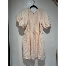 Peach Cotton Gauze Puff Sleeve Mini Dress Button Front Drawstring Waist Womens