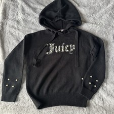 Juicy Couture Women Black Beaded Logo Hoodie Pearl Sleeve Y2K Glam Sz S
