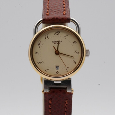 HERMES PARIS QUARTZ DAMEN UHR 27MM STAHL/GOLD CLIPPER ARMBAND 