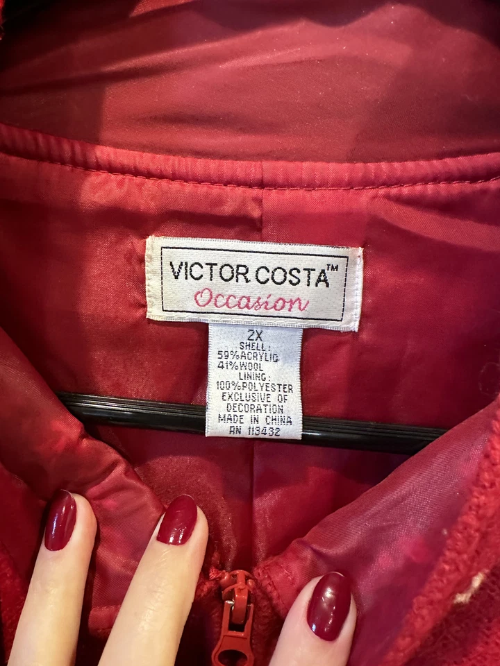 Jaqueta bordada floral Victor Costa vermelha 41% lã fervida zíper folhas tamanho 2X - Imagem 2 de 4