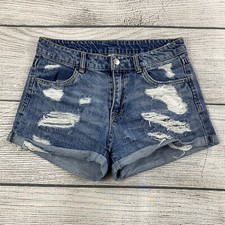 H M Distressed Blue Denim Shorts Women Size 6 Jean Cuffed Mid Rise 100 Cotton